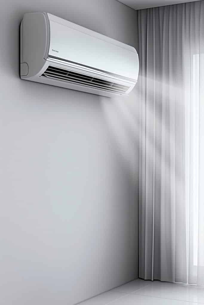 Air Conditioner Blowing Cool Air Into a Room With White Curtains