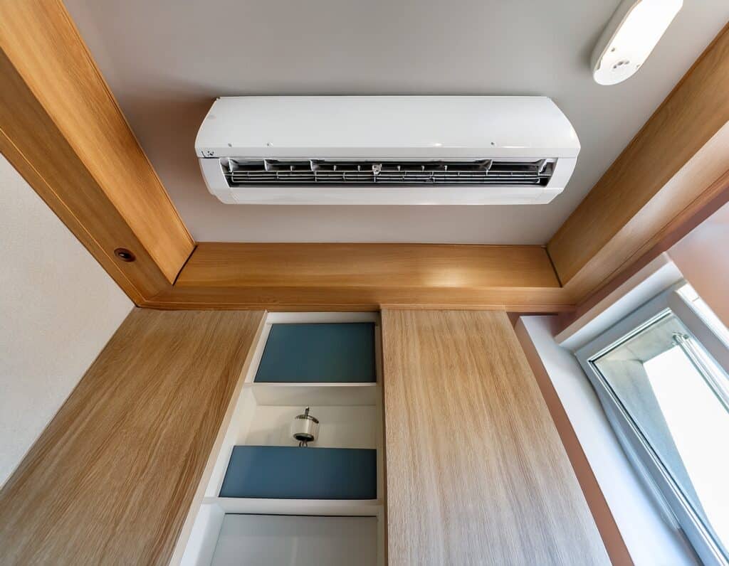 Climatiseur moderne bois et rangement intérieur Climatiseur mural blanc au-dessus d'un meuble de rangement en bois clair avec étagères bleu sarcelle et une fenêtre à droite.