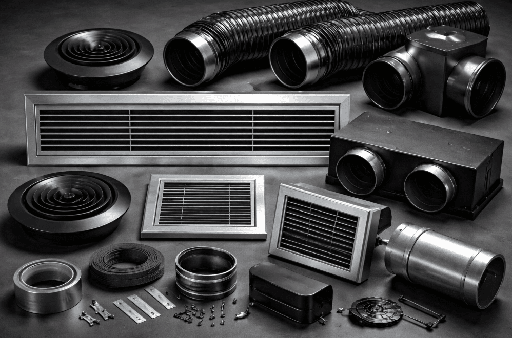 Composants de ventilation VMC: gaines flexibles, diffuseurs circulaires et rectangulaires en métal, plénums noirs, raccords et matériel de montage.