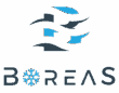 Logo BOREAS. La lettre O est un flocon de neige bleu lumineux. L'emblème abstrait combine des vagues de vent bleues et sombres représentant l'air froid.