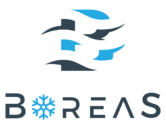Logo BOREAS. La lettre O est un flocon de neige bleu lumineux. L'emblème abstrait combine des vagues de vent bleues et sombres représentant l'air froid.