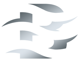 Logo abstrait en forme de lettre B composé de formes dynamiques à dégradé gris et blanc évoquant le mouvement.