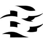 Logo abstrait noir aux formes effilées et dynamiques évoquant le mouvement sur un fond blanc épuré.