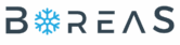 Logo BOREAS avec un flocon de neige bleu remplaçant le O, typographie moderne grise sur fond blanc.