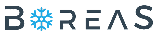 Logo BOREAS avec un flocon de neige bleu remplaçant le O, typographie moderne grise sur fond blanc.